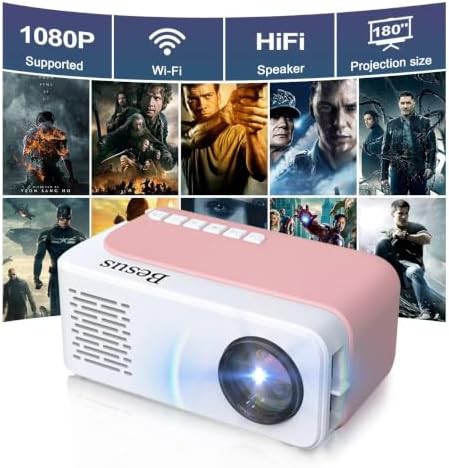 Pink mini outdoor movie projector with tripod